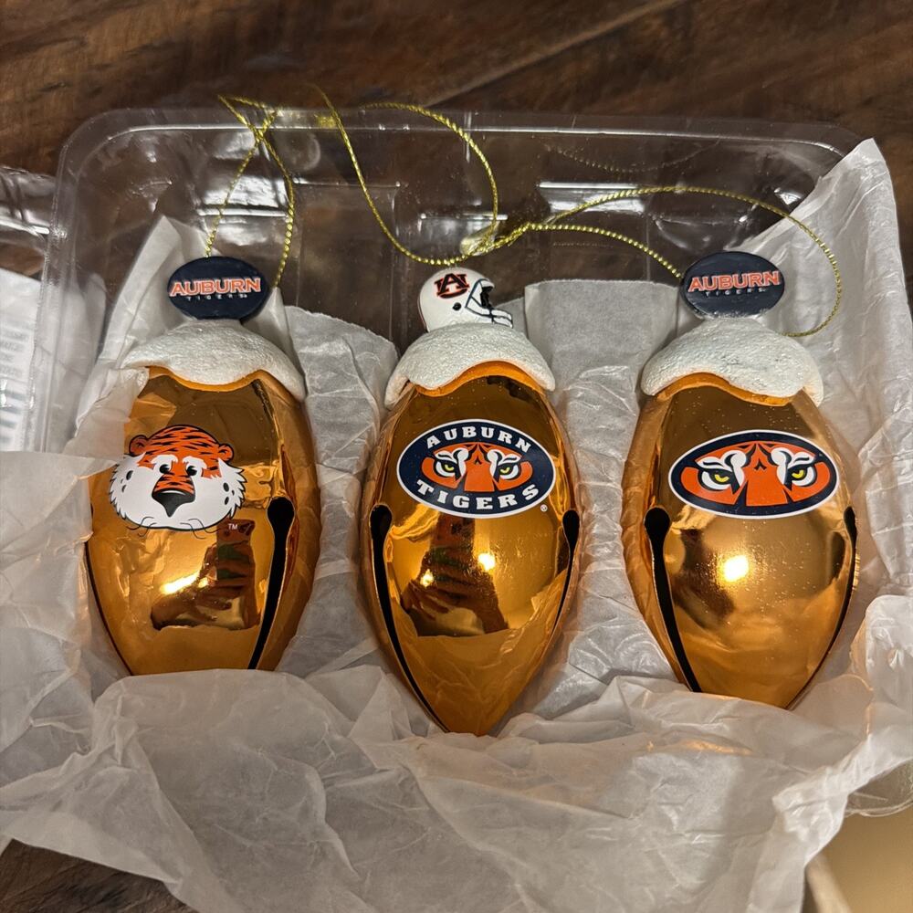 BRADFORD EXCHANGE 3 METAL Bells Ornaments NFL Auburn Tigers NEW WITH BOX